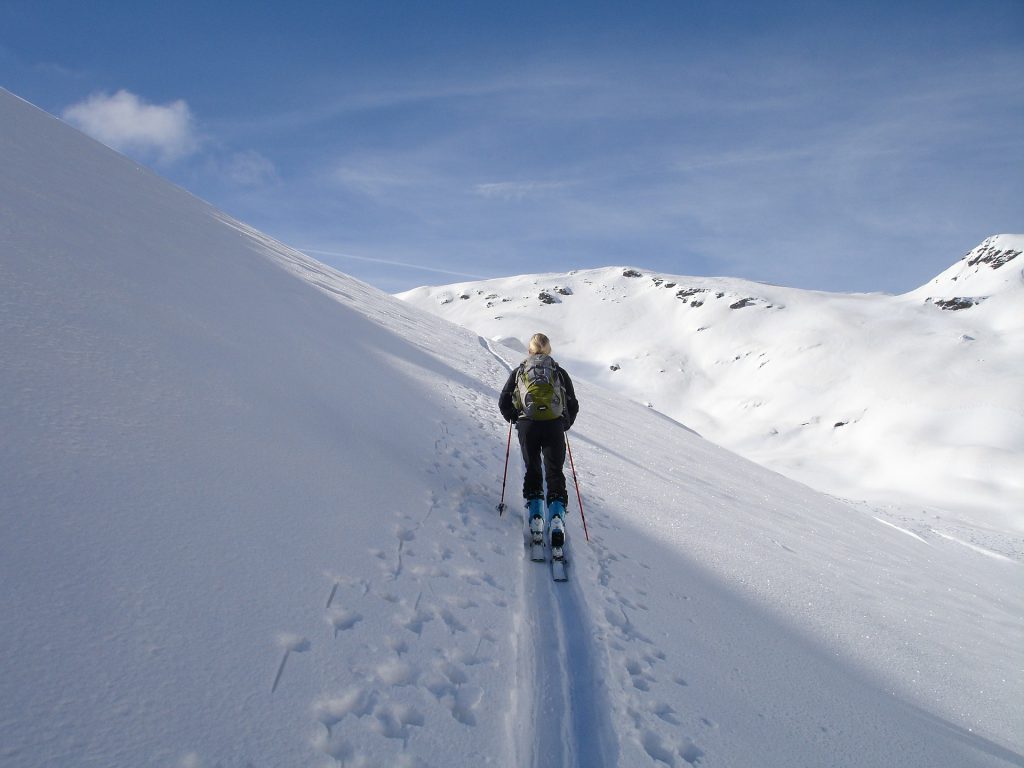 Un homme de dos qui skie seul sur une montagne enneigée