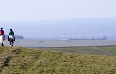 Trois personnes de dos qui font de la randonnée à cheval à la campagne