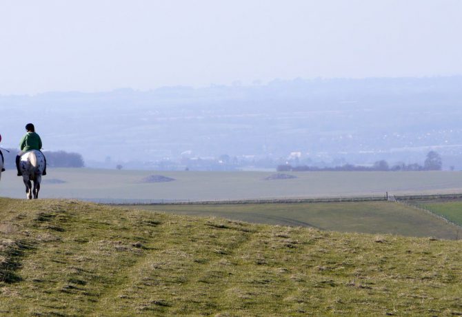 Trois personnes de dos qui font de la randonnée à cheval à la campagne