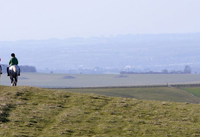 Trois personnes de dos qui font de la randonnée à cheval à la campagne